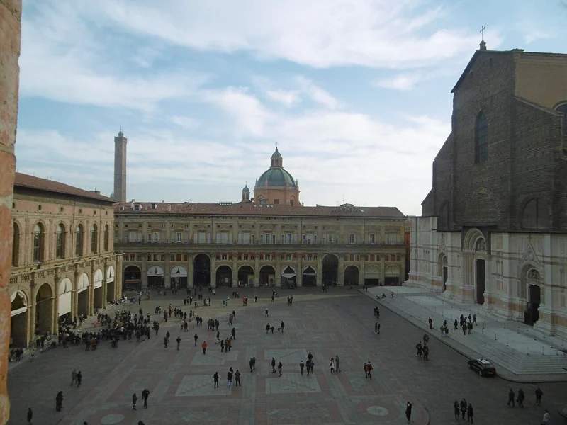 Piazza Maggiore in Bologna, framed by historic civic buildings