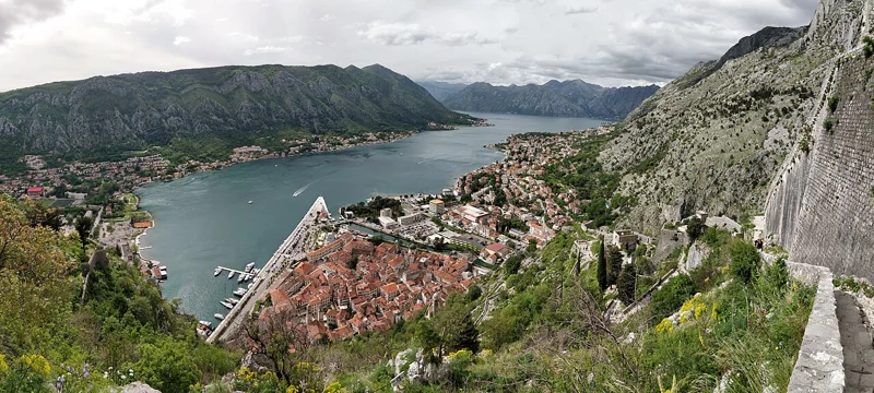 Kotor’s old town and bay seen from the hillside fortifications