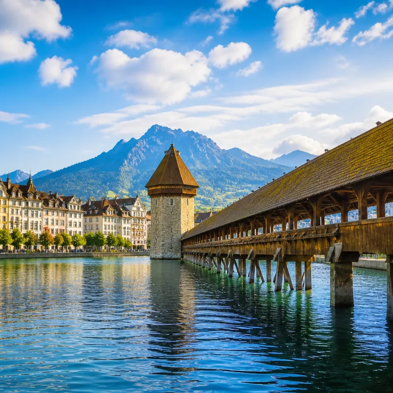 AI-generated illustration of a Lucerne-inspired covered wooden bridge and stone water tower across a sparkling blue river with painted old-town buildings and distant alpine hills