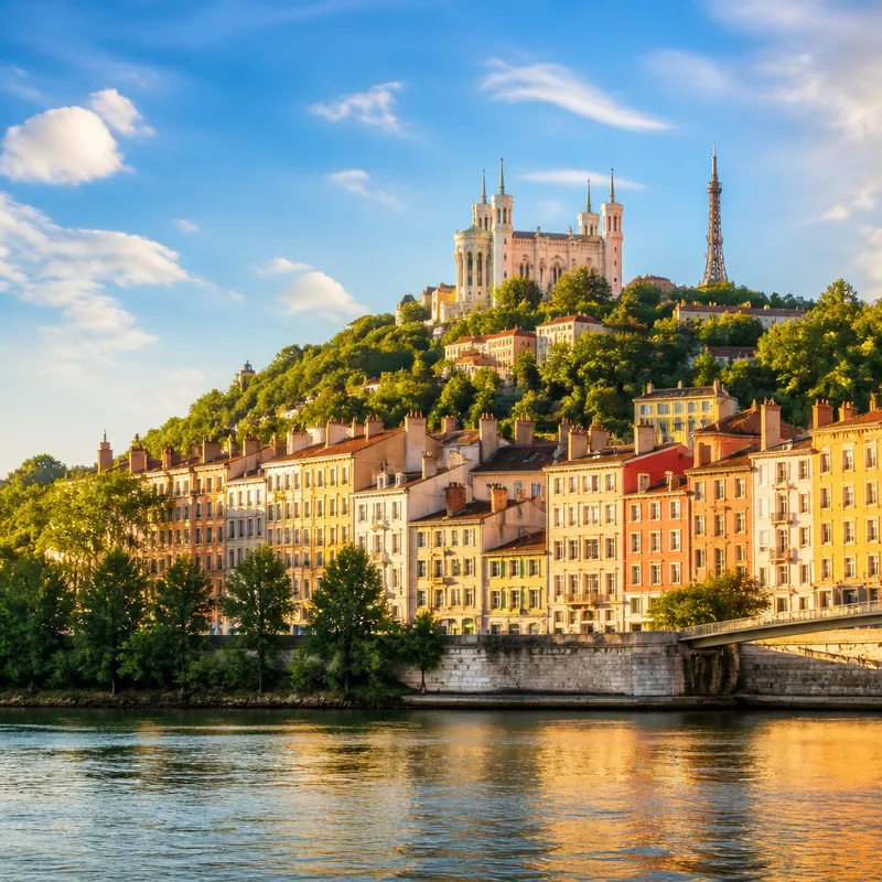 AI-generated illustration of a Lyon-inspired riverside of warm historic French houses below a green hillside with a pale ornate basilica in bright golden afternoon light
