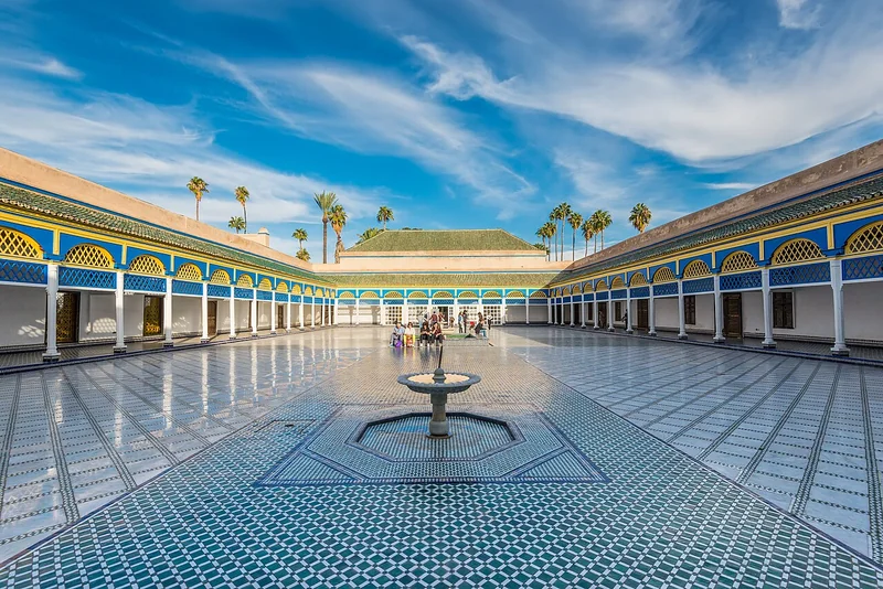Tiled courtyard and painted arcades of Bahia Palace in Marrakech