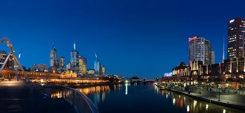Melbourne's illuminated skyline reflected in the Yarra River at twilight