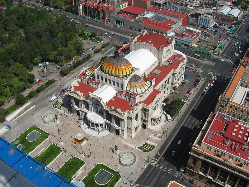 Palacio de Bellas Artes and its coloured domes seen from above in Mexico City