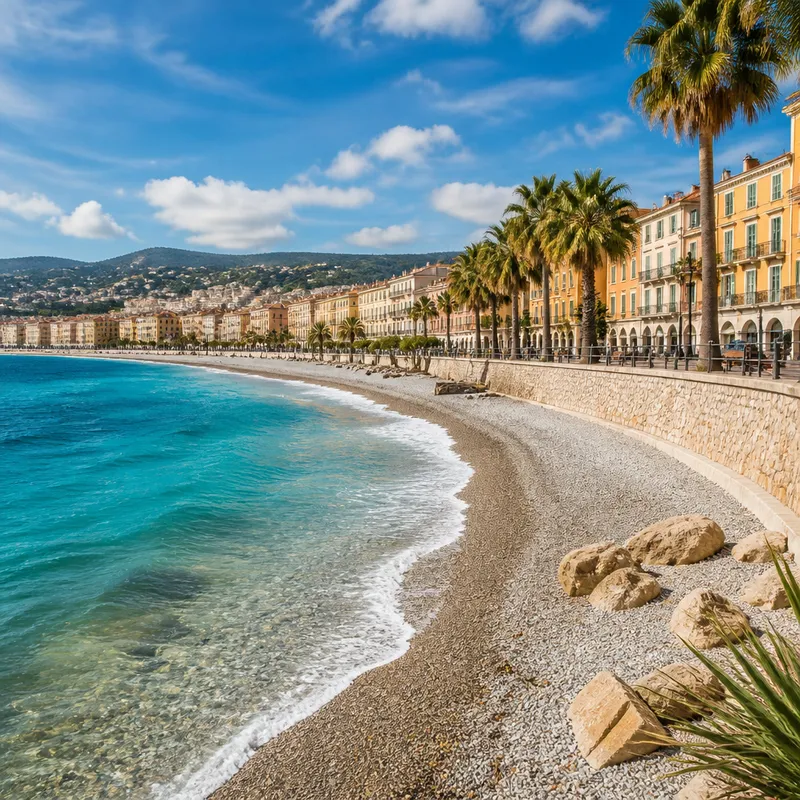 AI-generated illustration of a Nice-inspired Mediterranean waterfront with warm ochre facades, palms and a broad curved pebble shoreline beside vivid turquoise sea