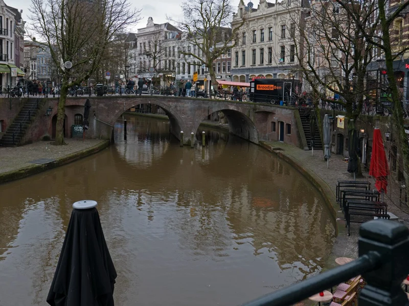 The Oudegracht canal in Utrecht, with waterside buildings and a bridge