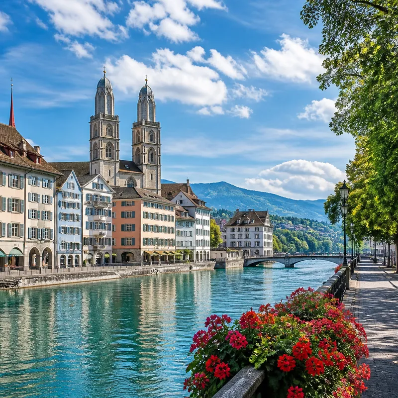 AI-generated illustration of a Zurich-inspired riverside of historic pastel houses and twin stone church towers above blue Limmat water with distant green hills